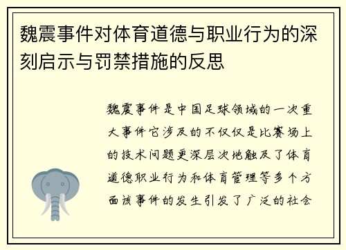 魏震事件对体育道德与职业行为的深刻启示与罚禁措施的反思